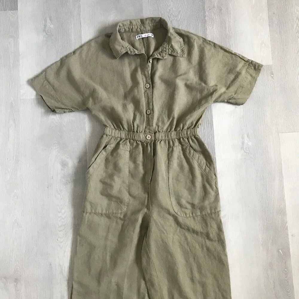 ZARA WOMENS JUMPSUIT GREEN LINEN SHORT SLEEVE WIDE LEG CASUAL SMALL